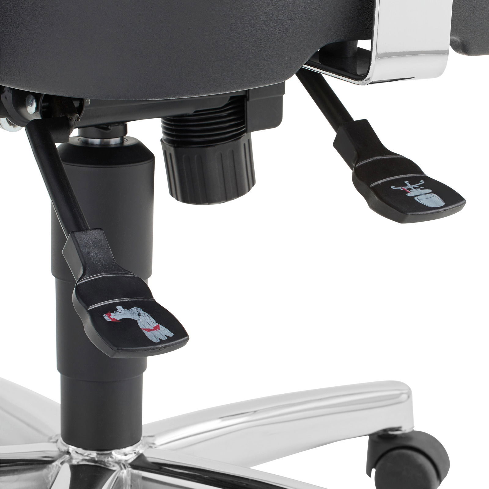 Nahaufnahme der Mechanik eines Drehsessels mit Hebeln und Rollen, seitliche Perspektive