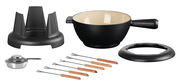 Fondue-Set in Schwarz Matt mit Topf, Brenner, Gabeln und Ständer, seitliche Perspektive