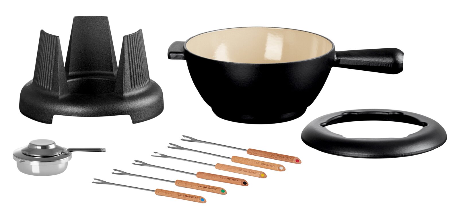 Fondue-Set in Schwarz Matt mit Topf, Brenner, Gabeln und Ständer, seitliche Perspektive
