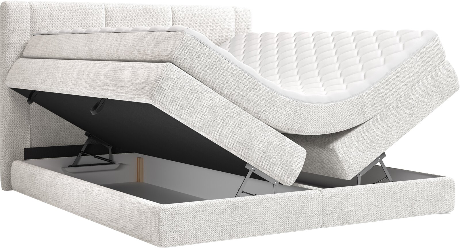 Lichtgrijs gestoffeerd boxspringbed met gewatteerd matras en opklapbare opbergruimte, schuin van voren in driekwart zijaanzicht weergegeven met geopende bodem.