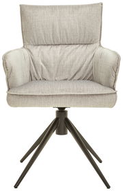 Grauer Armlehnstuhl mit gepolstertem Sitz und Rückenlehne, auf schwarzem Metallgestell, Frontalansicht