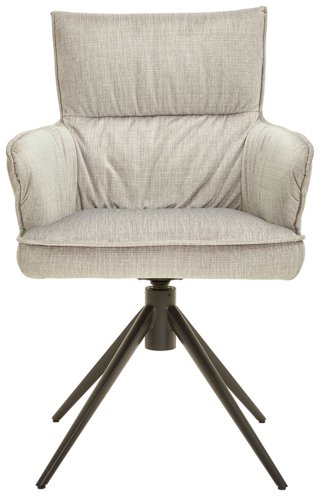 Grauer Armlehnstuhl mit gepolstertem Sitz und Rückenlehne, auf schwarzem Metallgestell, Frontalansicht