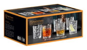 Sechs Bossa Nova Whiskybecher von Nachtmann in einer eleganten Geschenkbox, seitliche Perspektive.