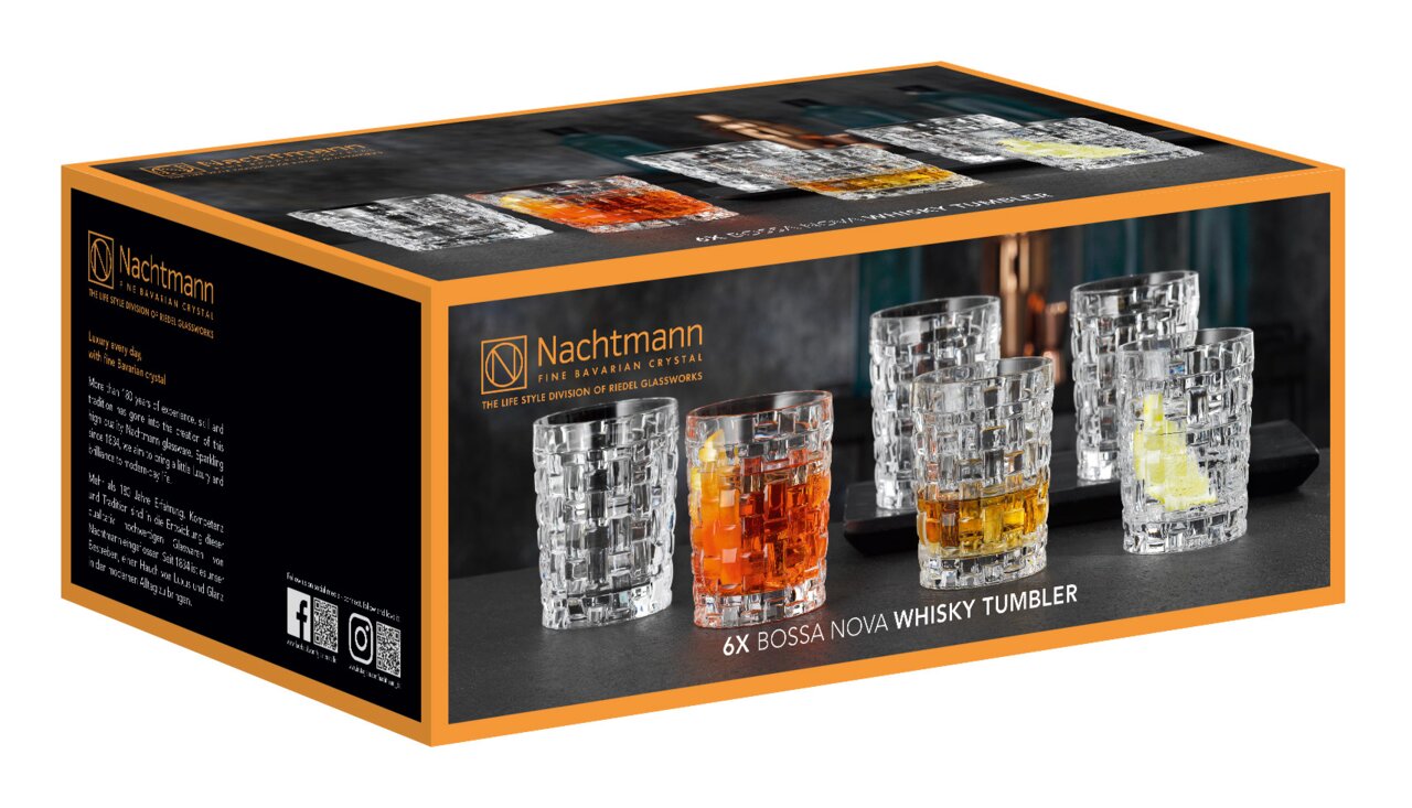 Sechs Bossa Nova Whiskybecher von Nachtmann in einer eleganten Geschenkbox, seitliche Perspektive.