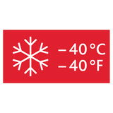 Rotes Symbol mit einem weißen Schneeflocken-Icon und der Temperaturangabe -40°C/-40°F, Vorderansicht.