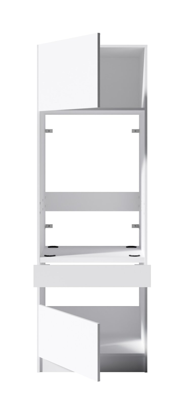 Weißer Hochschrank/Badschrank mit offener oberer Ablage und geöffneten Türen/Fächern, Frontansicht leicht schräg von links