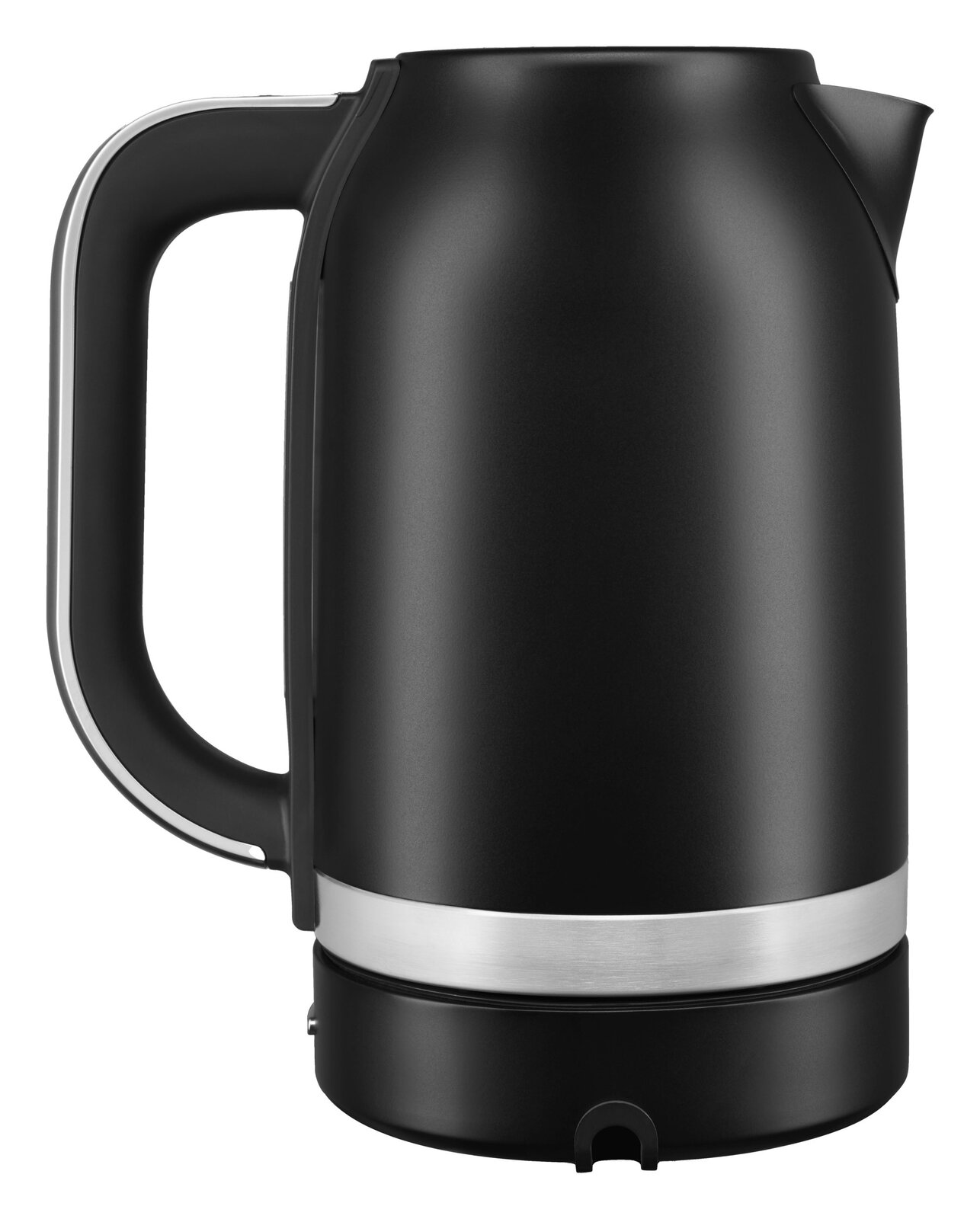 Schwarzer Wasserkocher von KitchenAid, seitliche Perspektive, 1,7 Liter Fassungsvermögen.
