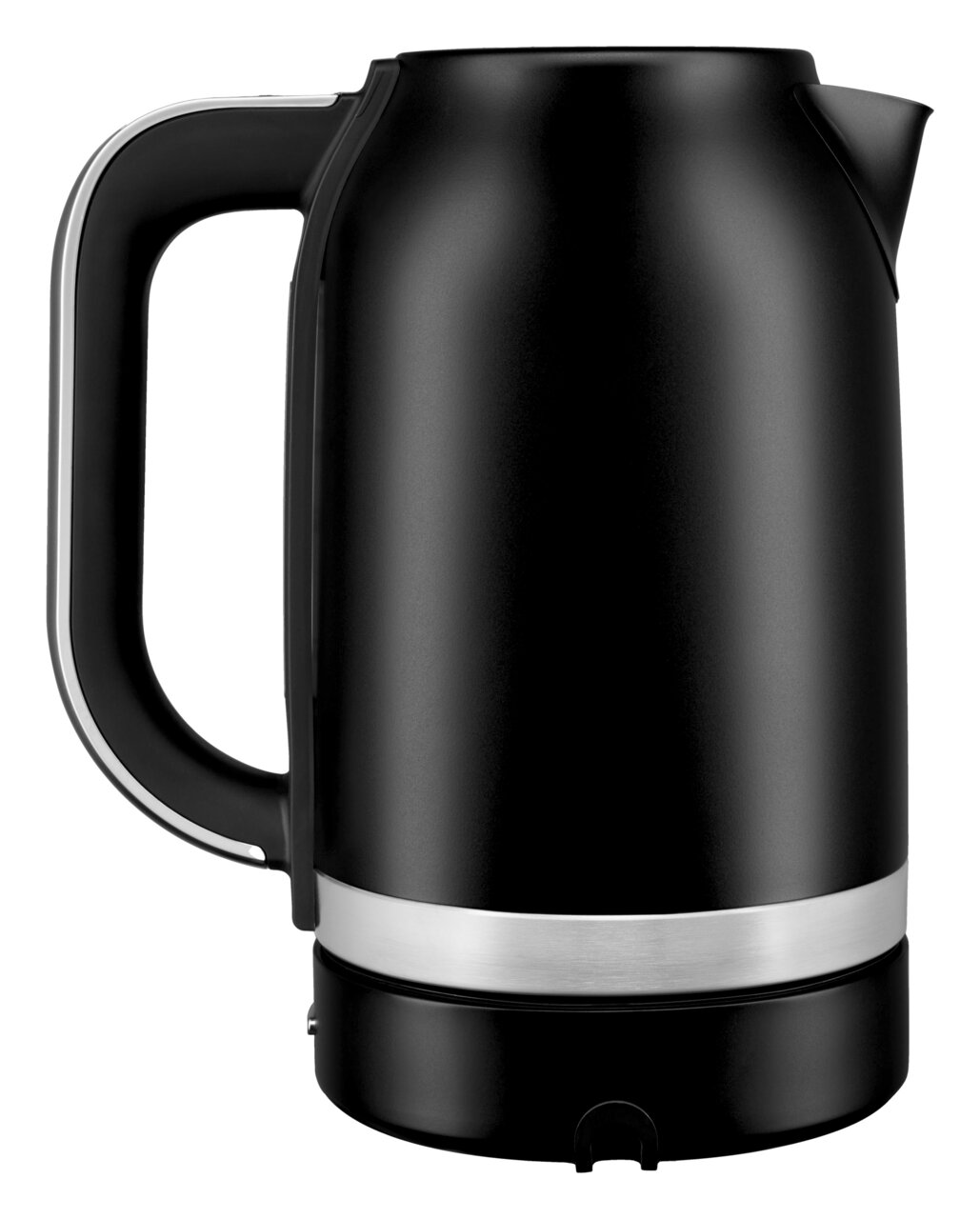 Schwarzer Wasserkocher von KitchenAid, seitliche Perspektive, 1,7 Liter Fassungsvermögen.