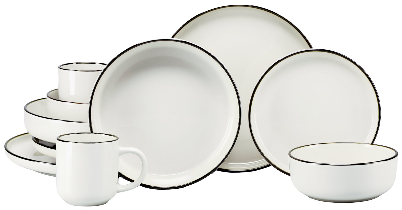 Creatable Kombiservice 10-tlg NORDIC FESTIVE Weißes Geschirrset mit schwarzem Rand (Teller, Schalen und Tassen) in Frontansicht, leicht schräg von vorne fotografiert, freigestellt auf weißem Hintergrund