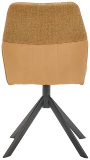 Achterkant van een moderne stoel met een gestoffeerde rugleuning en een beige en zwart metalen frame.