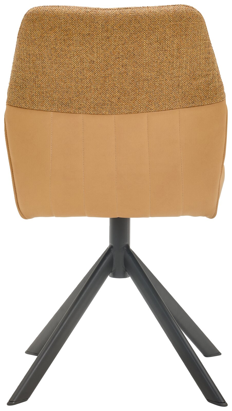 Achterkant van een moderne stoel met een gestoffeerde rugleuning en een beige en zwart metalen frame.
