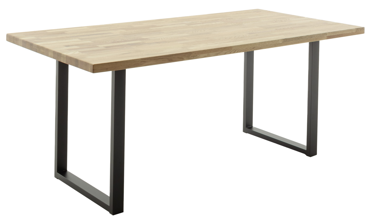 Moderner Esstisch mit Holzplatte und schwarzen Metallbeinen, seitliche Perspektive