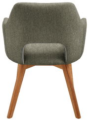 Rückansicht eines Sessels mit grünem Stoffbezug und Holzbeinen