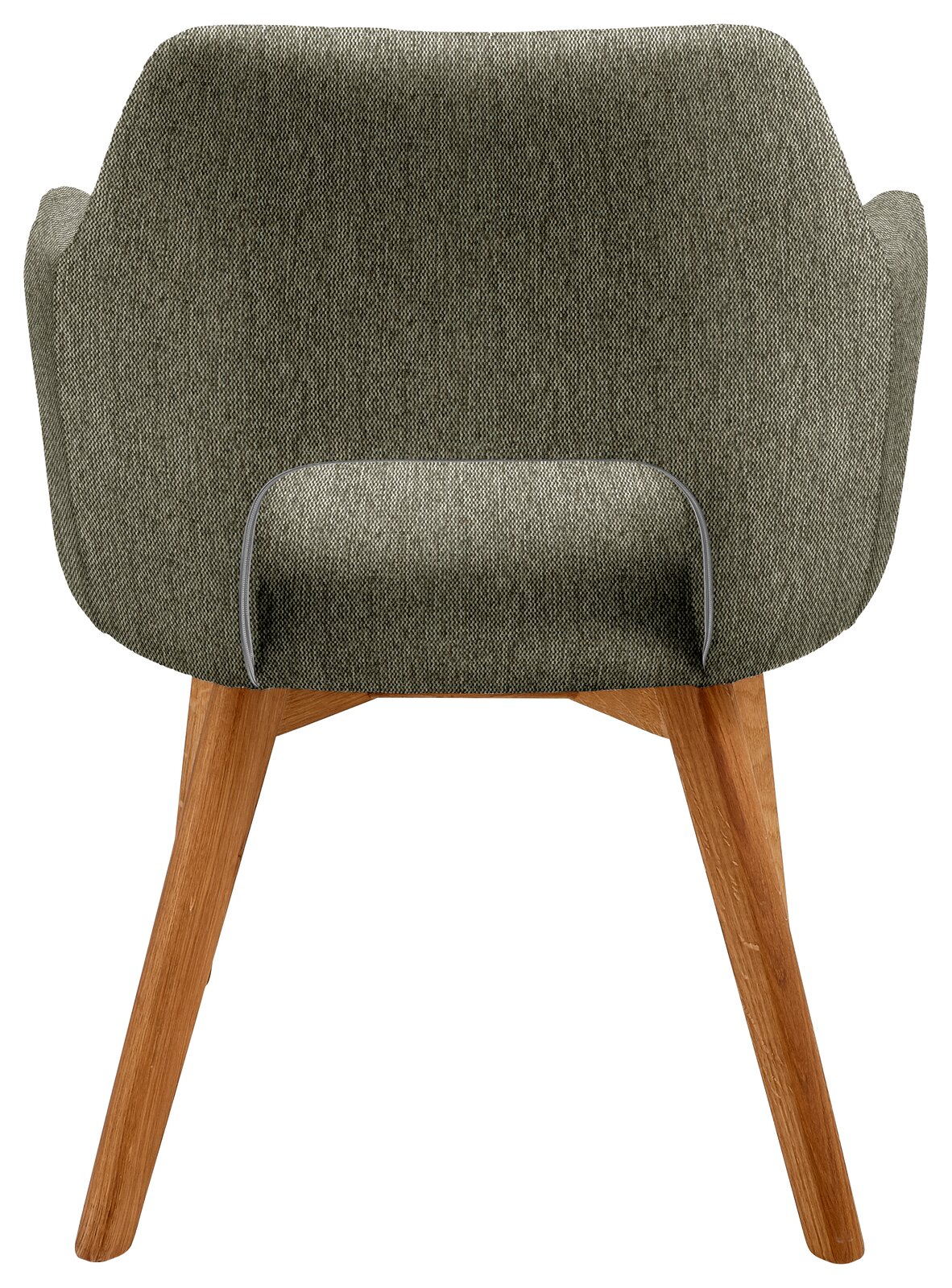 Rückansicht eines Sessels mit grünem Stoffbezug und Holzbeinen