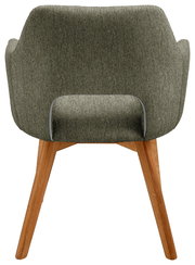 Rückansicht eines Sessels mit grünem Stoffbezug und Holzbeinen