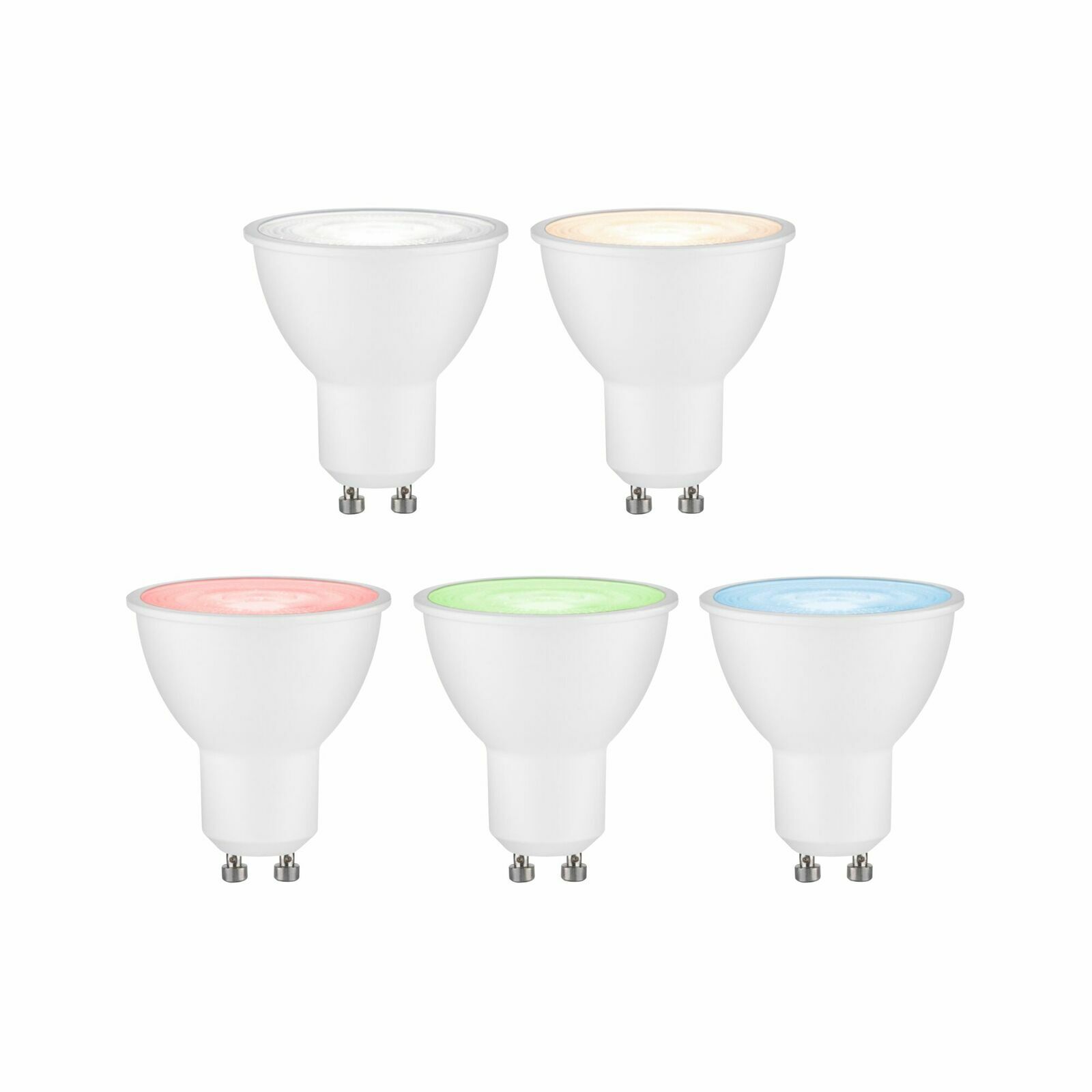 Fünf LED Leuchtmittel in verschiedenen Farben (weiß, warmweiß, rot, grün, blau) aus der Frontalperspektive.