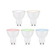 Fünf LED Leuchtmittel in verschiedenen Farben (weiß, warmweiß, rot, grün, blau) aus der Frontalperspektive.