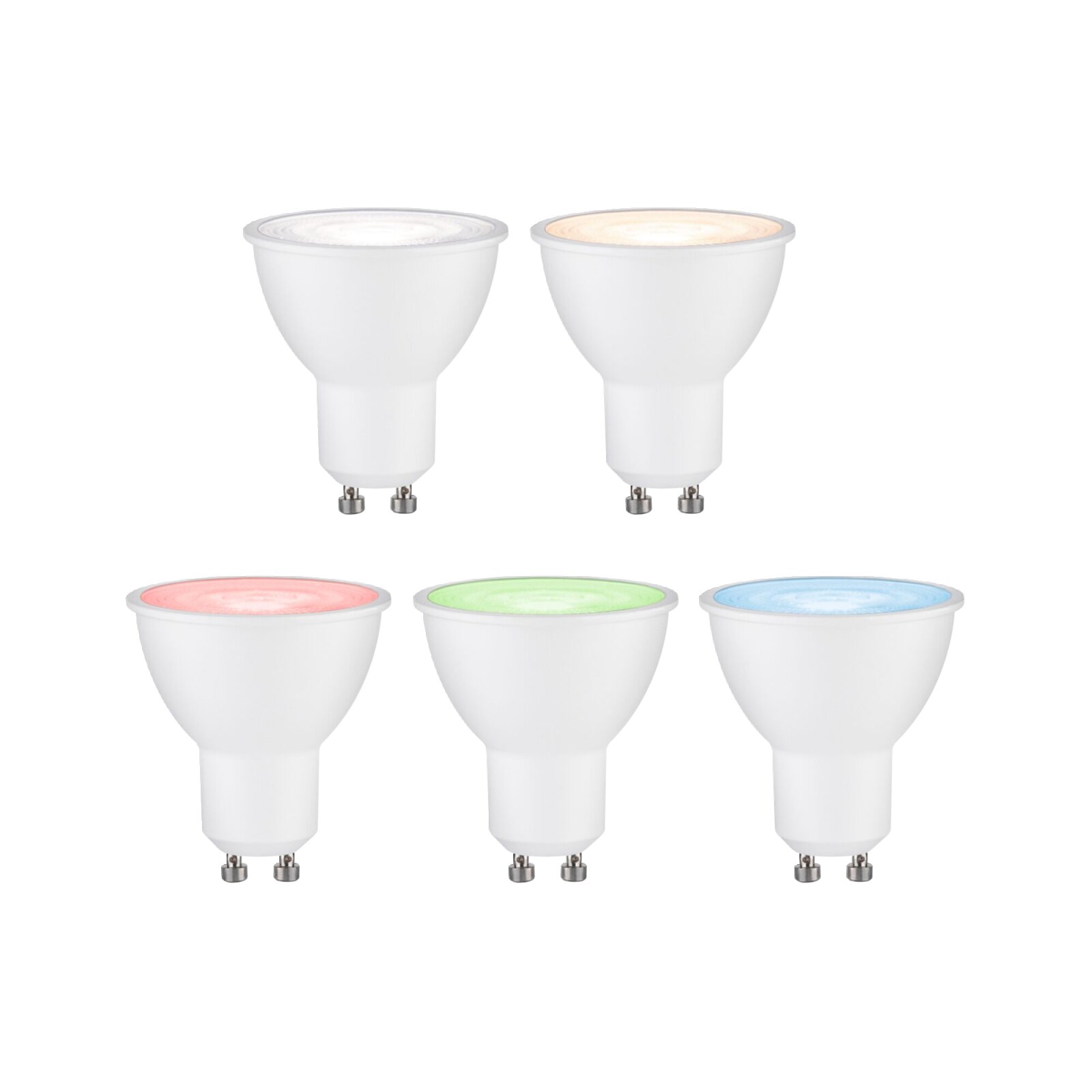 Fünf LED Leuchtmittel in verschiedenen Farben (weiß, warmweiß, rot, grün, blau) aus der Frontalperspektive.