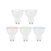 Fünf LED Leuchtmittel in verschiedenen Farben (weiß, warmweiß, rot, grün, blau) aus der Frontalperspektive.