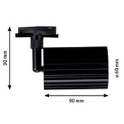 Schwarzer Schienenspot-Adapter für Stromschiene mit geriffeltem Gehäuse, Maße ca. 90 mm Höhe und 90 mm Länge, Seitenansicht