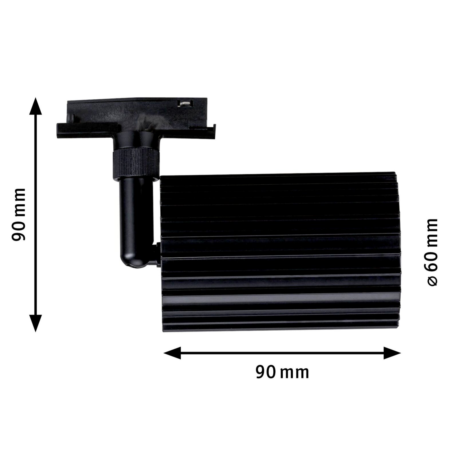 Schwarzer Schienenspot-Adapter für Stromschiene mit geriffeltem Gehäuse, Maße ca. 90 mm Höhe und 90 mm Länge, Seitenansicht