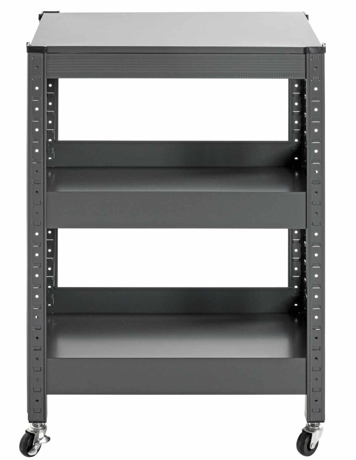 Vorderansicht eines grauen Servierwagens mit drei Regalböden und Rollen.