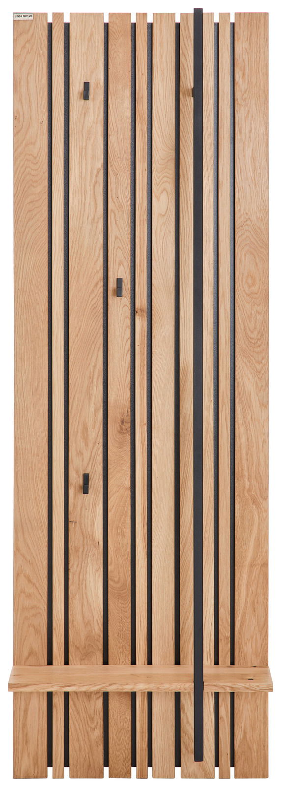 Garderobenpaneel aus Holz mit vertikalen schwarzen Streifen und Haken, frontal betrachtet.