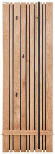 Garderobenpaneel aus Holz mit vertikalen schwarzen Streifen und Haken, frontal betrachtet.