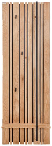 Garderobenpaneel aus Holz mit vertikalen schwarzen Streifen und Haken, frontal betrachtet.