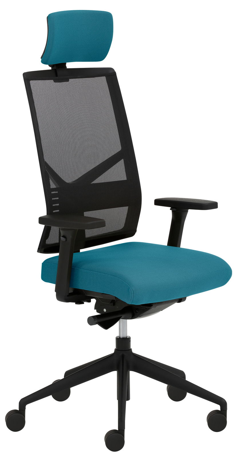 Venda Drehstuhl MY AXUM Moderner Drehstuhl mit Netzrückenlehne und türkisfarbenem Sitzpolster, seitliche Perspektive