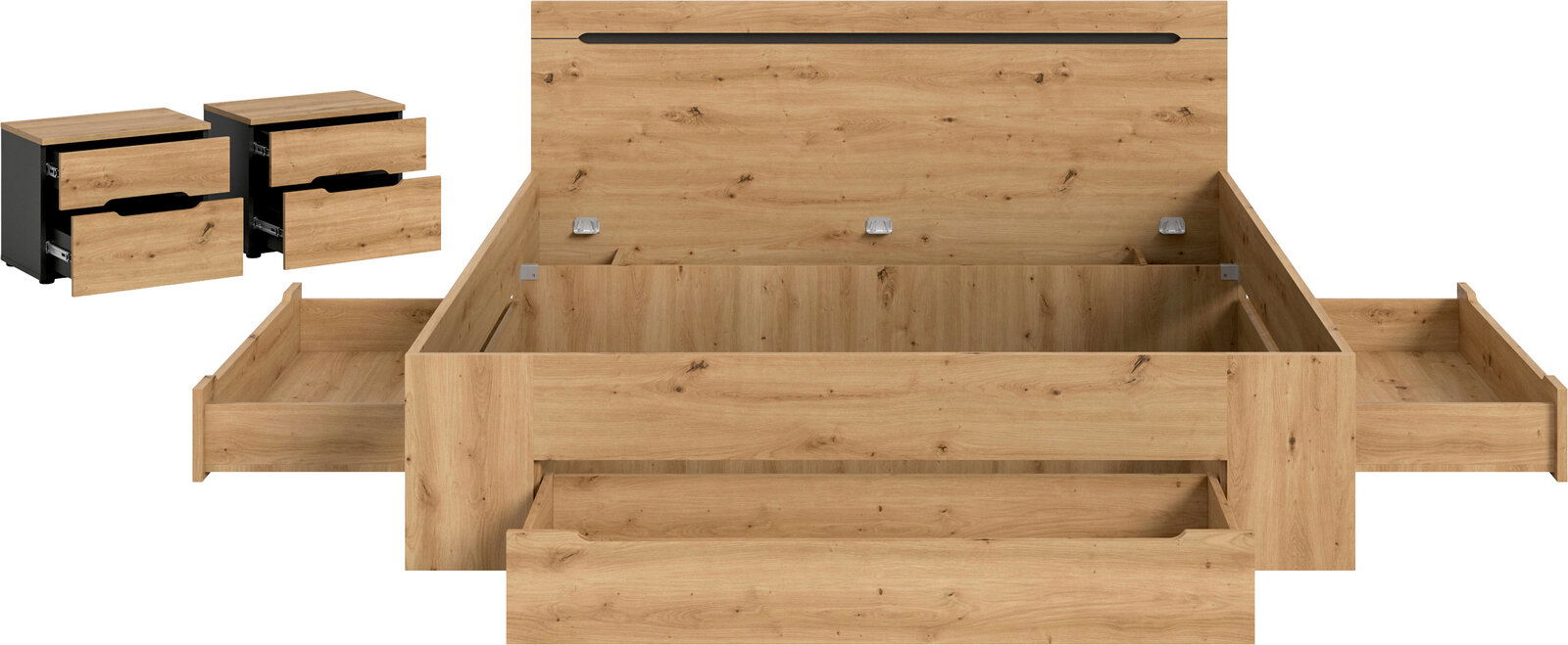 Holzbettgestell in Eiche-Optik mit hochklappbarem Kopfteil und ausziehbaren Stauraumschubladen an den Seiten und am Fußende, Frontansicht leicht von oben