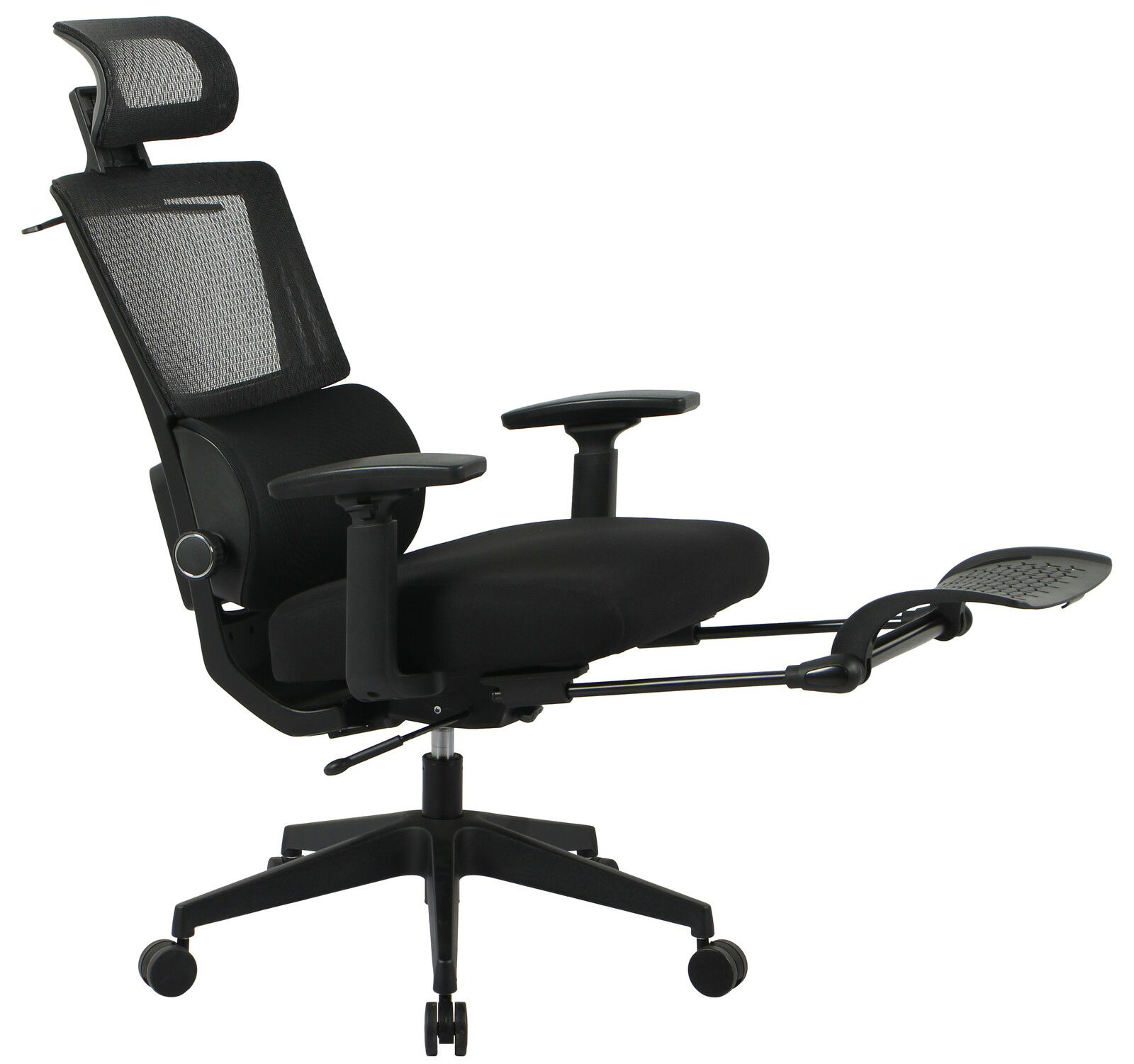 Moderner schwarzer Chefsessel mit Netzrückenlehne und ausziehbarer Fußstütze, seitliche Perspektive