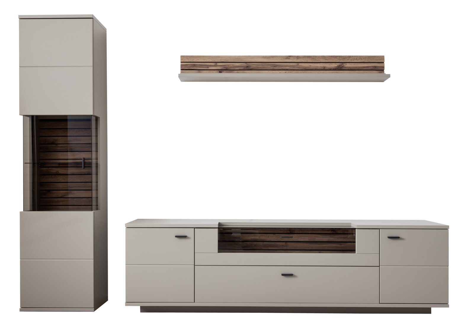 Zurbrüggen Wandcombinatie LÜTTICH Moderne woonkamerwand met hoge vitrinekast, lowboard en wandplank in lichtgrijs met donkere houten accenten en zwarte handgrepen, vooraanzicht vanuit een licht schuin perspectief op een witte achtergrond