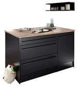 Moderne Kücheninsel mit schwarzer Front und Holzarbeitsplatte, seitliche Perspektive