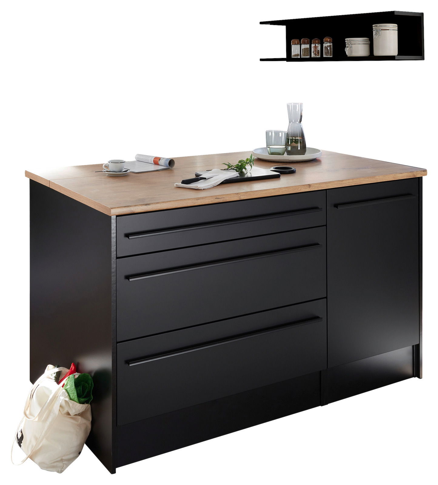 Moderne Kücheninsel mit schwarzer Front und Holzarbeitsplatte, seitliche Perspektive