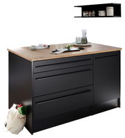 Moderne Kücheninsel mit schwarzer Front und Holzarbeitsplatte, seitliche Perspektive