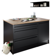 Moderne Kücheninsel mit schwarzer Front und Holzarbeitsplatte, seitliche Perspektive