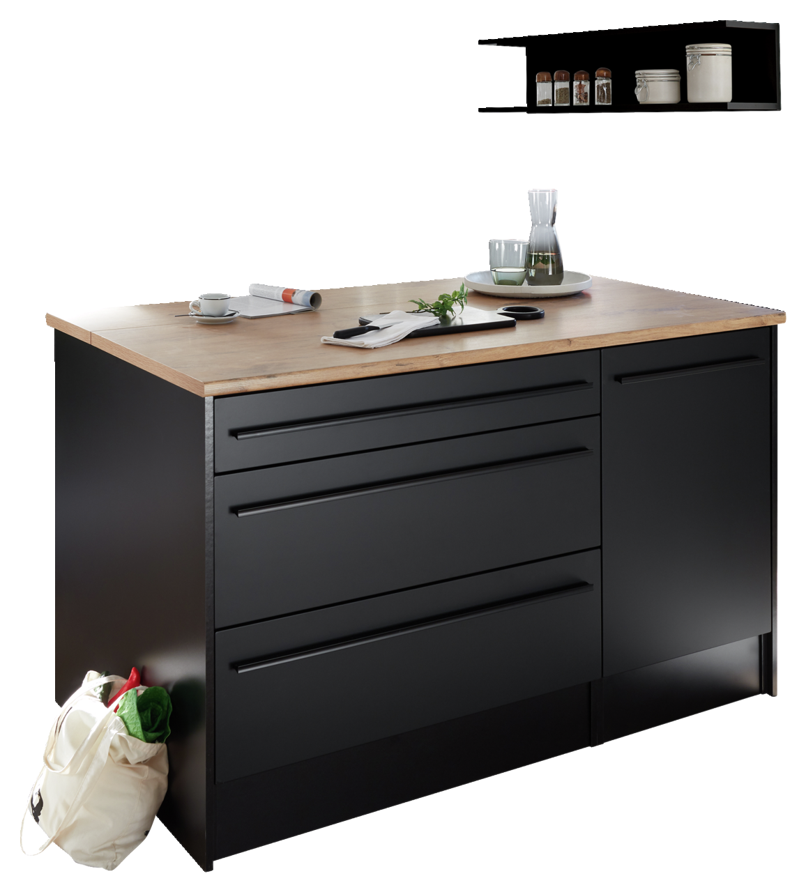 Moderne Kücheninsel mit schwarzer Front und Holzarbeitsplatte, seitliche Perspektive