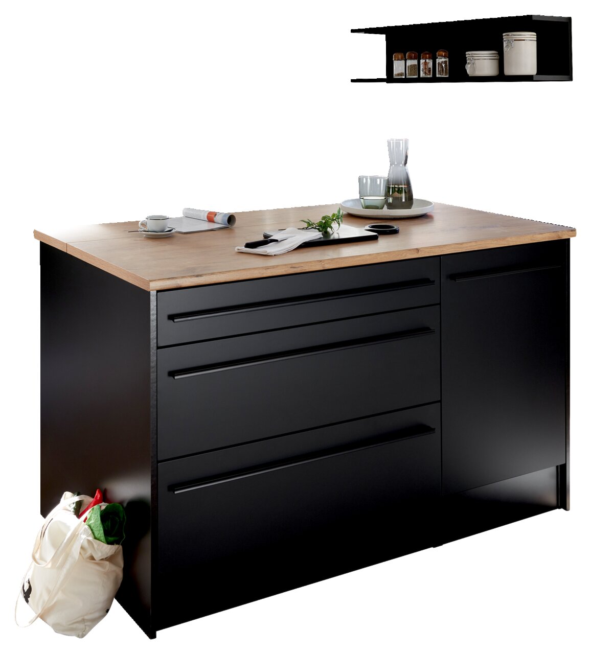 Moderne Kücheninsel mit schwarzer Front und Holzarbeitsplatte, seitliche Perspektive