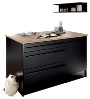 Moderne Kücheninsel mit schwarzer Front und Holzarbeitsplatte, seitliche Perspektive