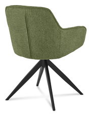 Rückansicht eines grünen Armlehnstuhls mit schwarzem Metallgestell und vier Beinen.