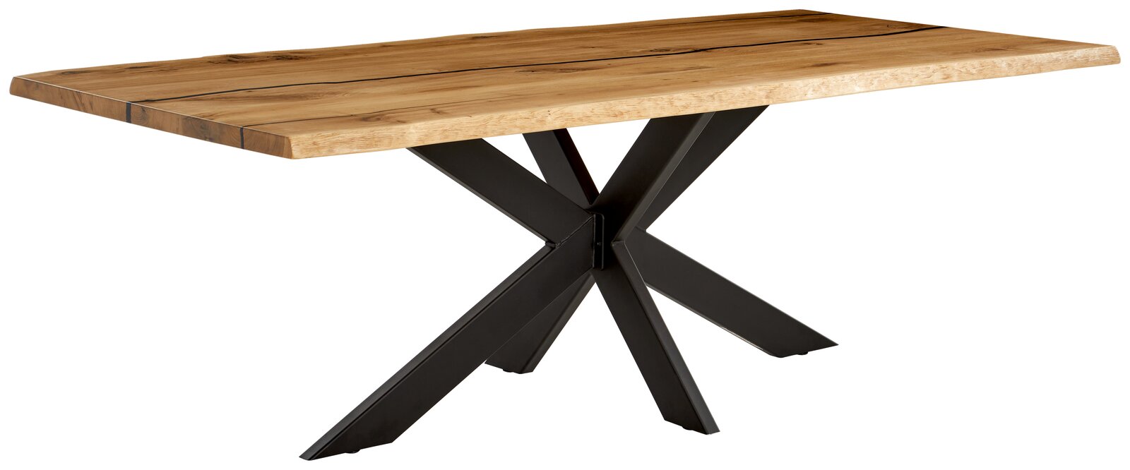 Linea Natura Esstisch 200x100 HERO Esstisch aus Holz mit natürlicher Maserung und schwarzem Metallgestell, seitliche Perspektive