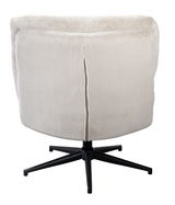 Rückansicht eines drehbaren Sessels mit Hocker, beige Stoffbezug und schwarzem Metallfuß.