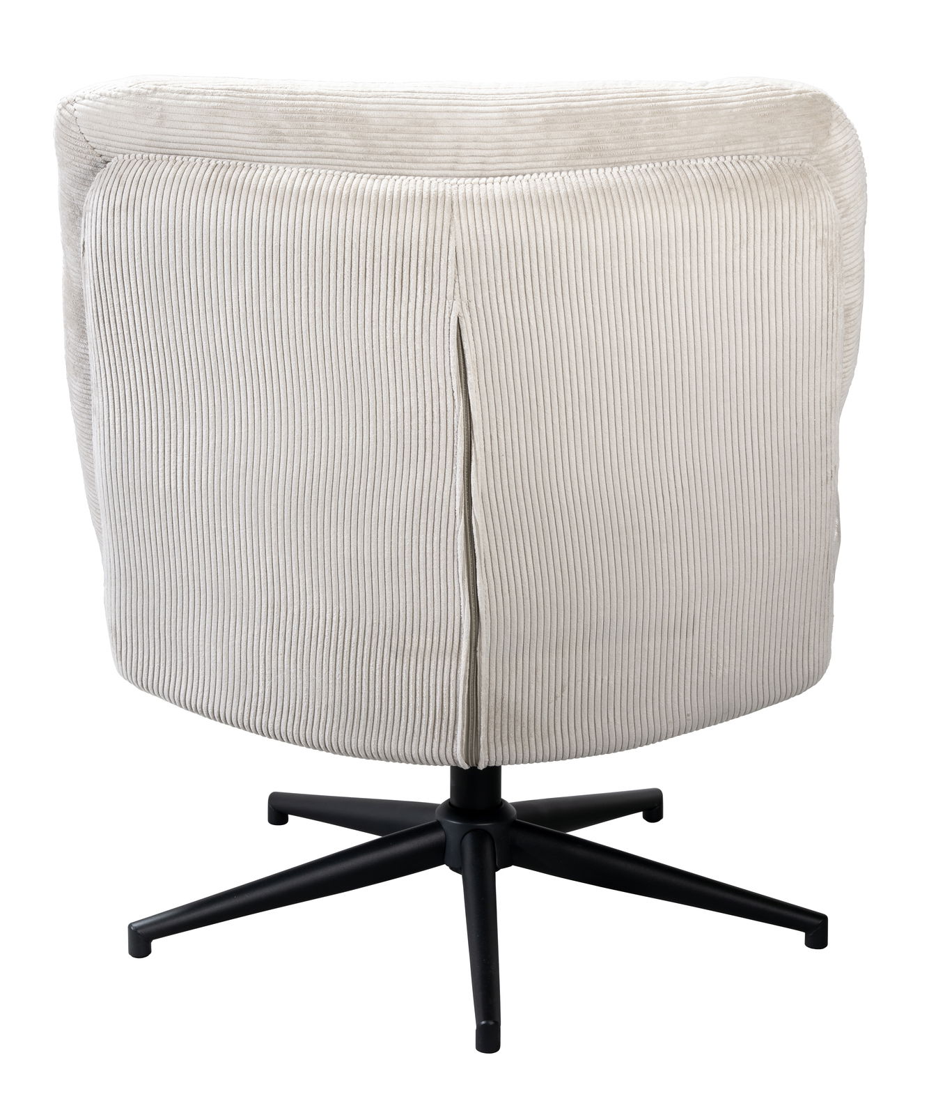 Rückansicht eines drehbaren Sessels mit Hocker, beige Stoffbezug und schwarzem Metallfuß.