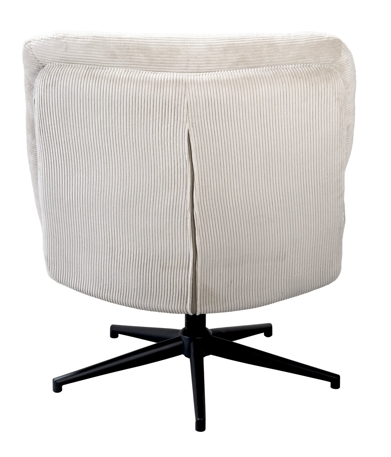 Achterkant van een draaibare fauteuil met bijpassende voetenbank, beige stoffen bekleding en een zwart metalen onderstel.