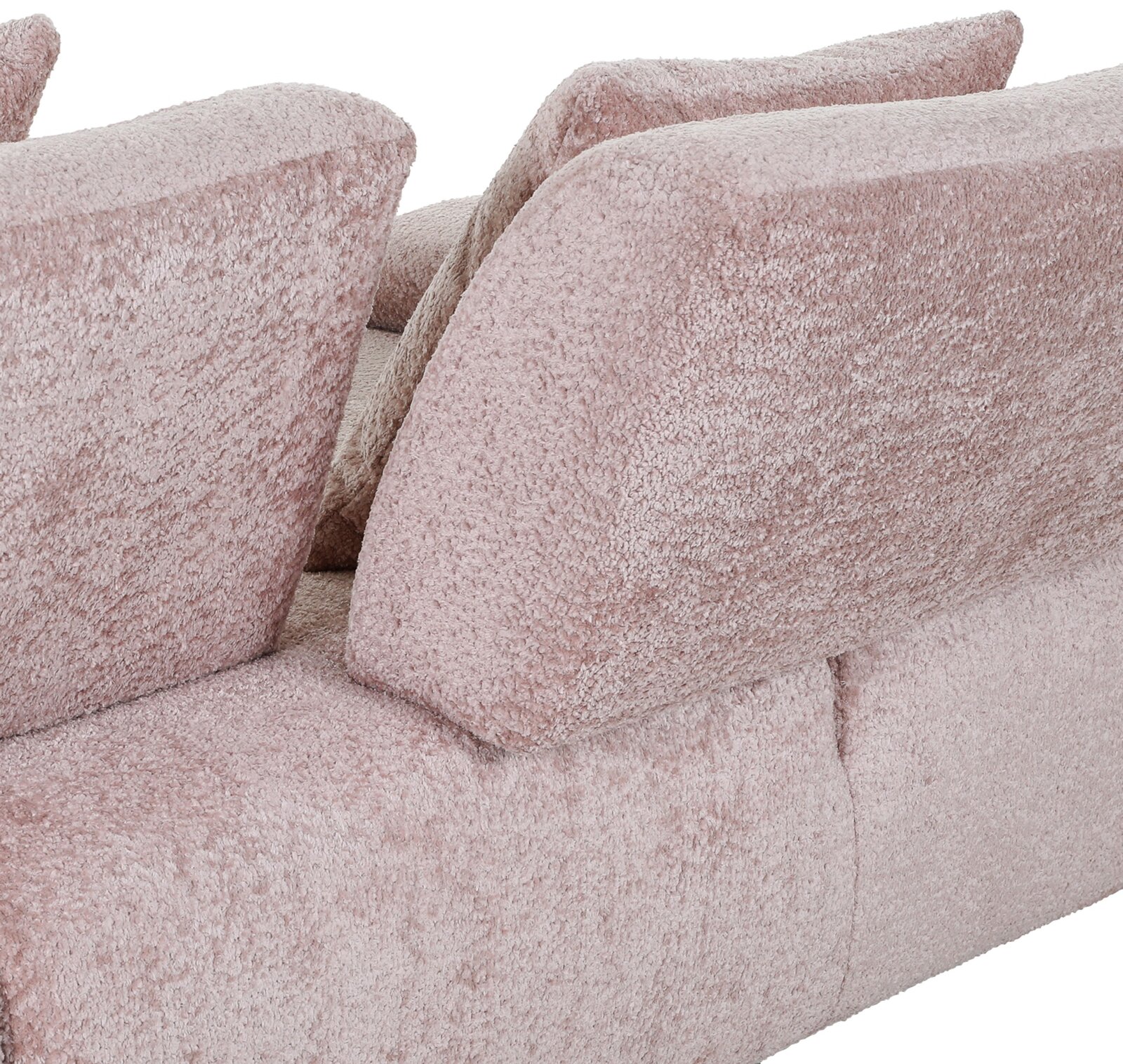 Rückansicht eines rosa 2-Sitzer Sofas mit weichem, strukturiertem Stoffbezug.