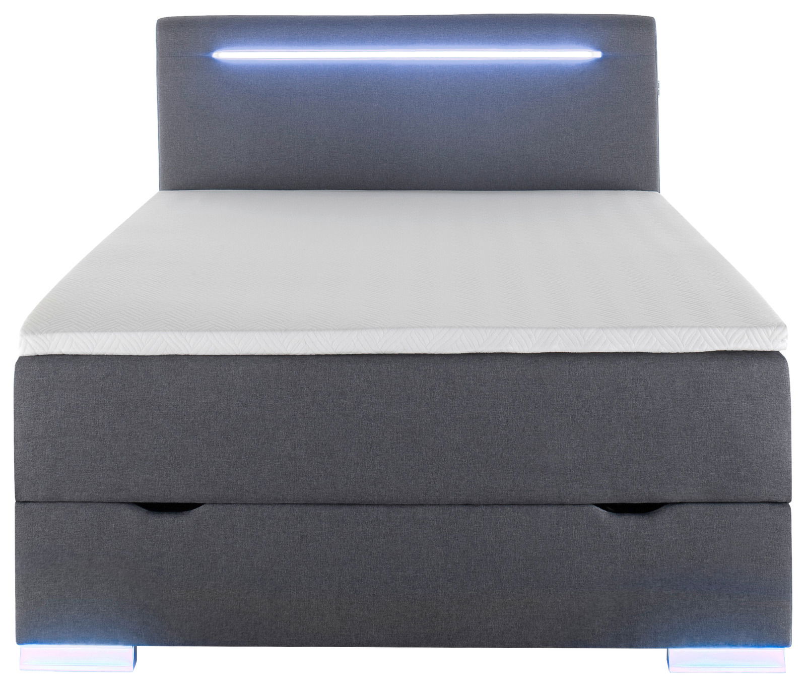 Frontale Ansicht eines grauen Boxbetts mit LED-Beleuchtung am Kopfteil.