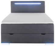 Frontale Ansicht eines grauen Boxbetts mit LED-Beleuchtung am Kopfteil.