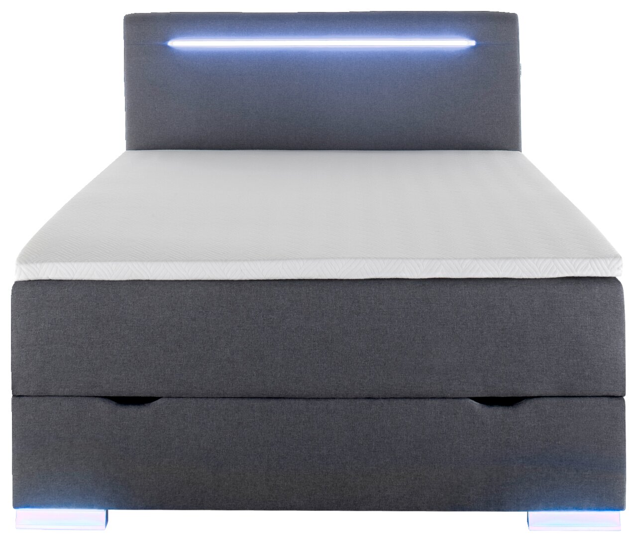 Vooraanzicht van een grijs boxbed met ledverlichting aan het hoofdeinde.