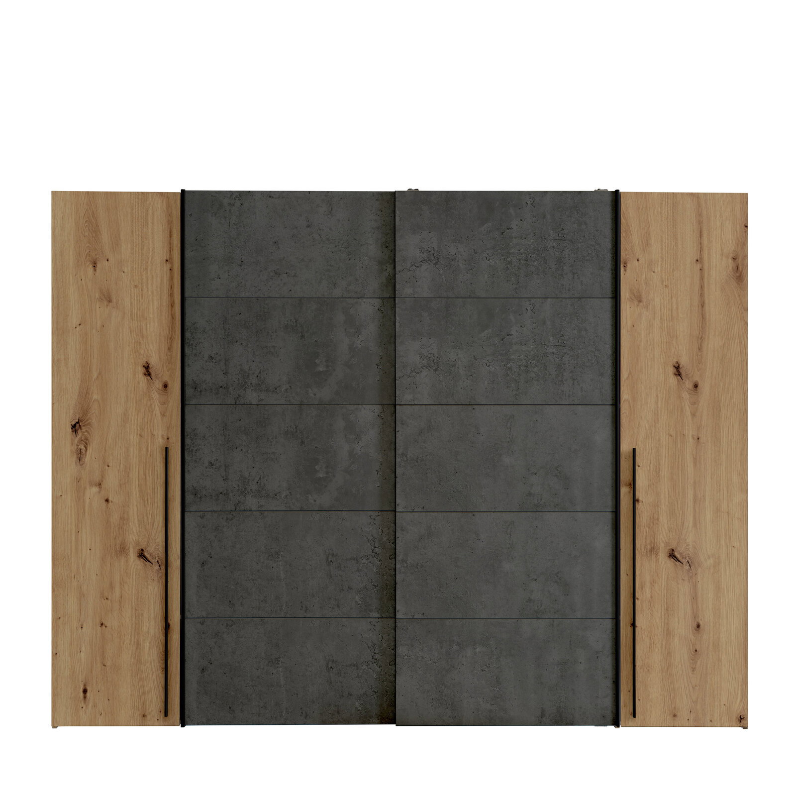 Frontansicht eines Dreh- und Schwebetürenschranks NARAGO mit grauen und holzfarbenen Türen.